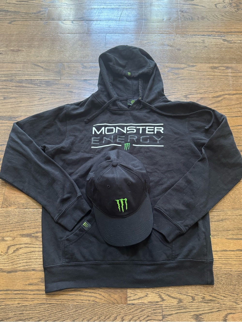 Monster Energy Black Pullover Hoodie + Matching Hat Bundle Size L